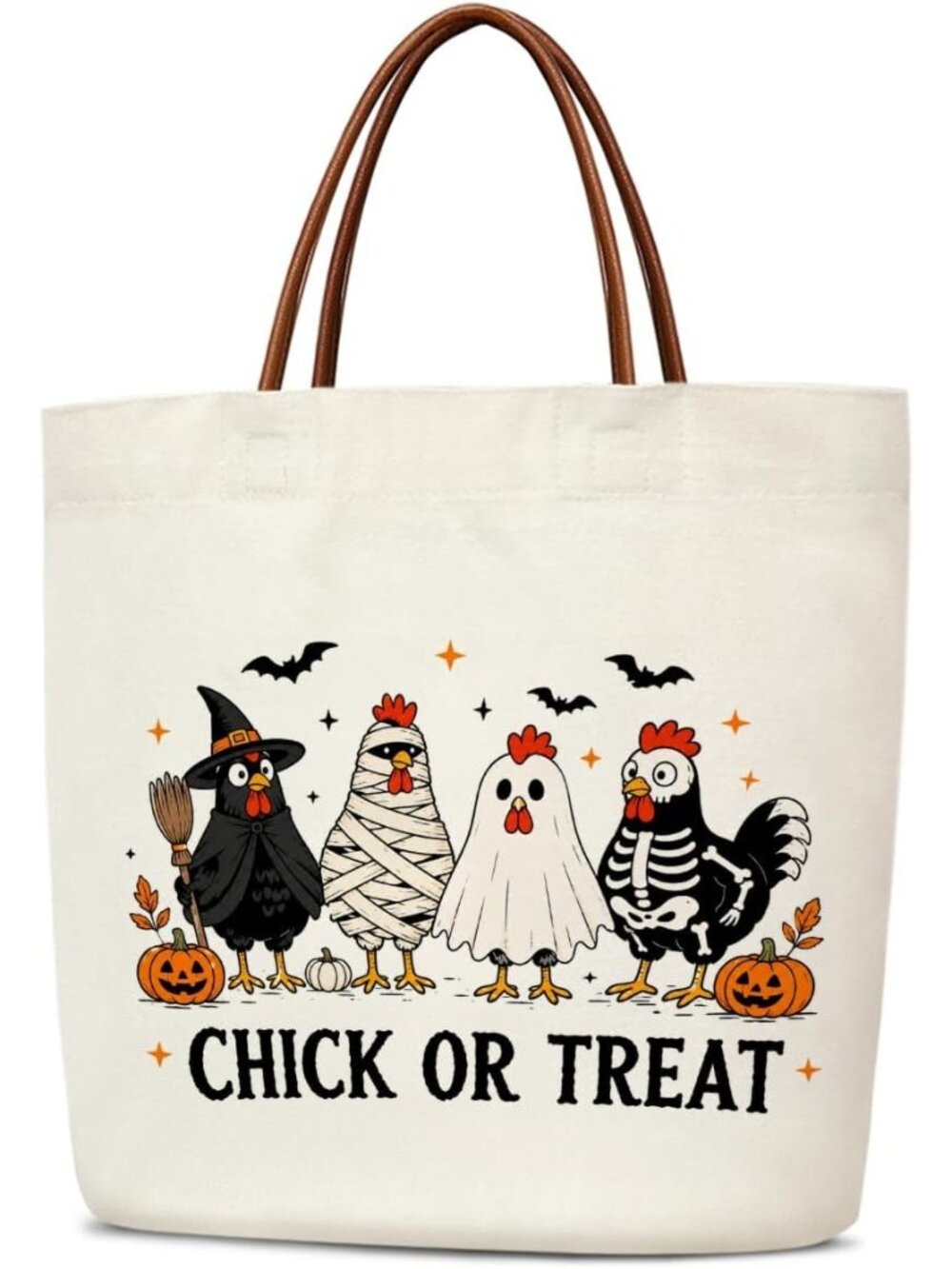〽️Women's Cream Chicken Halloween Reusable Leather Handles Grocery Tote Gift Bag